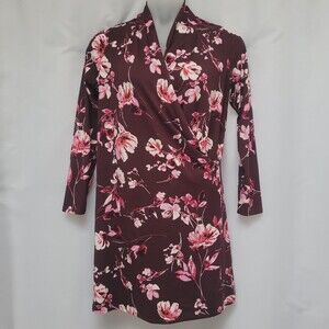 Motherhood Maternity Faux Wrap Dress Long Sleeve Knee Length Plum Floral Large
